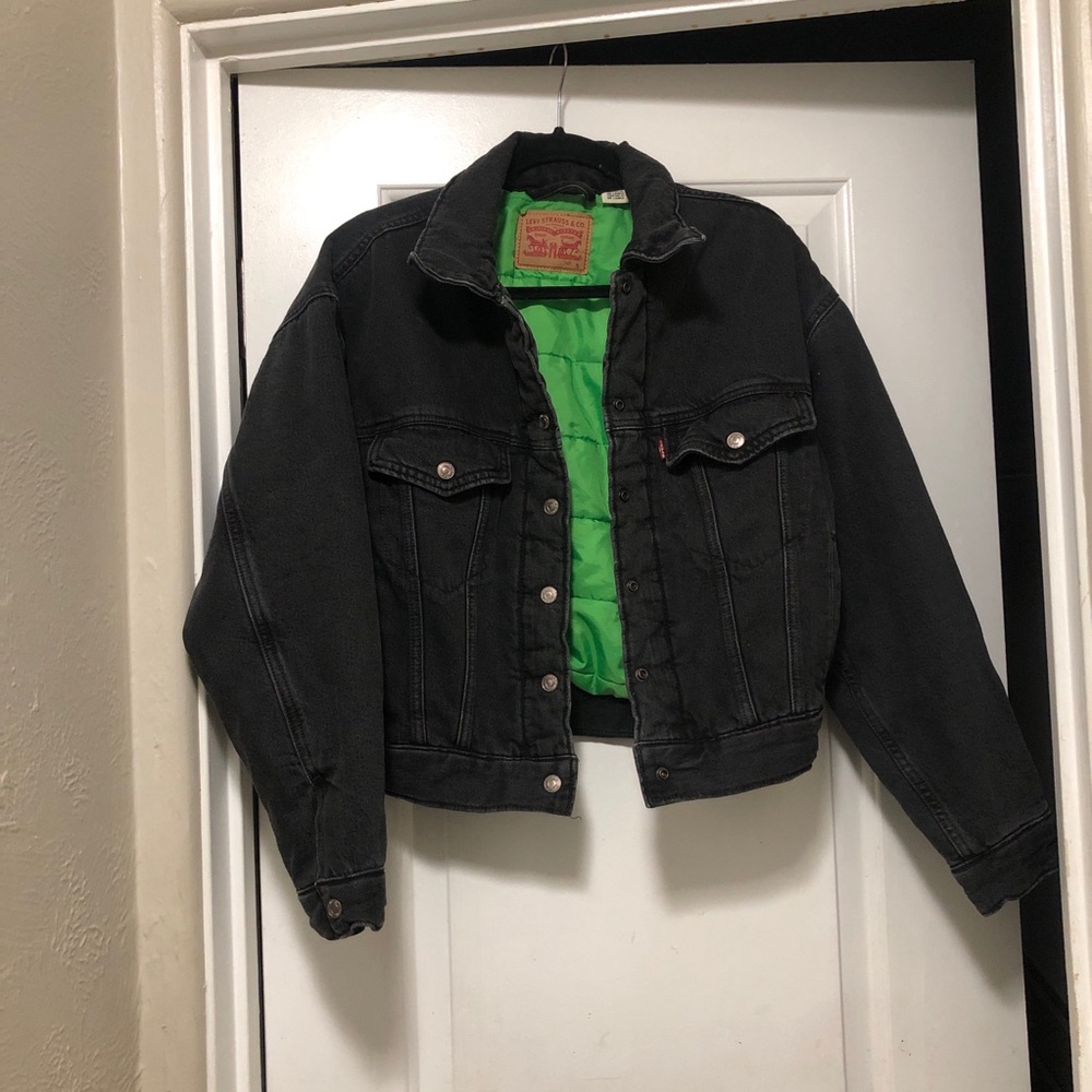 Levi's Black Jean Jacket with Green Lining Size Small - Picture 7 of 9
